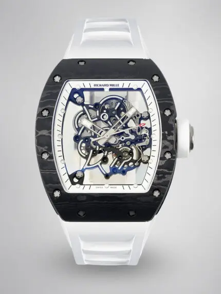 Richard Mille RM055 Skeleton Swiss Replica, Titanium Carbon Fiber Case, White Rubber Strap