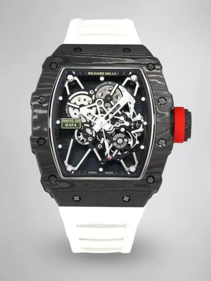 Top Swiss Replica Richard Mille RM35-01 – Carbon Fiber Case & White Rubber Strap