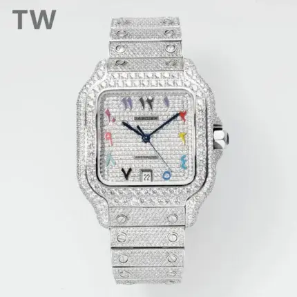Cartier Santos Full Diamond Bezel Silver Watch