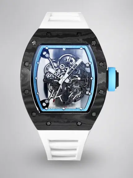 Best Replica RICHARD MILLE RM 055 Skeleton Watch – Swiss Movement Super Clone, Carbon Fiber Case, Sporty White Rubber Strap