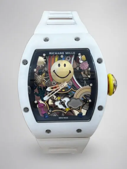Best Richard Mille RM 88 Smiley Replica Swiss Automatic Tourbillon Watch with White Rubber Strap