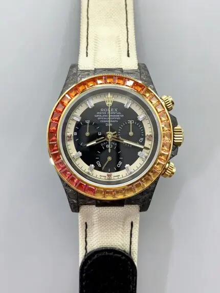Rolex Daytona DiW Carbon Edition Rainbow Bezel – Forged Carbon Casing Beige Strap(1:1Super Clone )