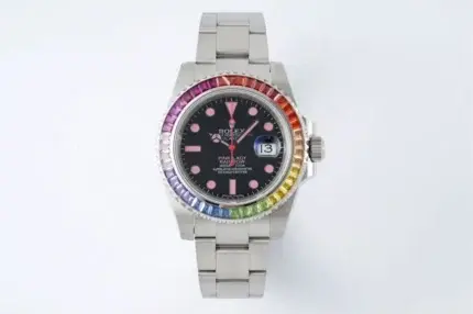 Rolex Submariner Rainbow Bezel Watch – Black Dial with Pink Markers, 40mm Stainless Steel Case